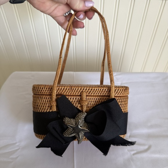 Lisi Lerch Handbags - Lisi Lerch Bosom Buddy Bag Mini Straw Starfish Black Ribbon Rattan Handbag Purse